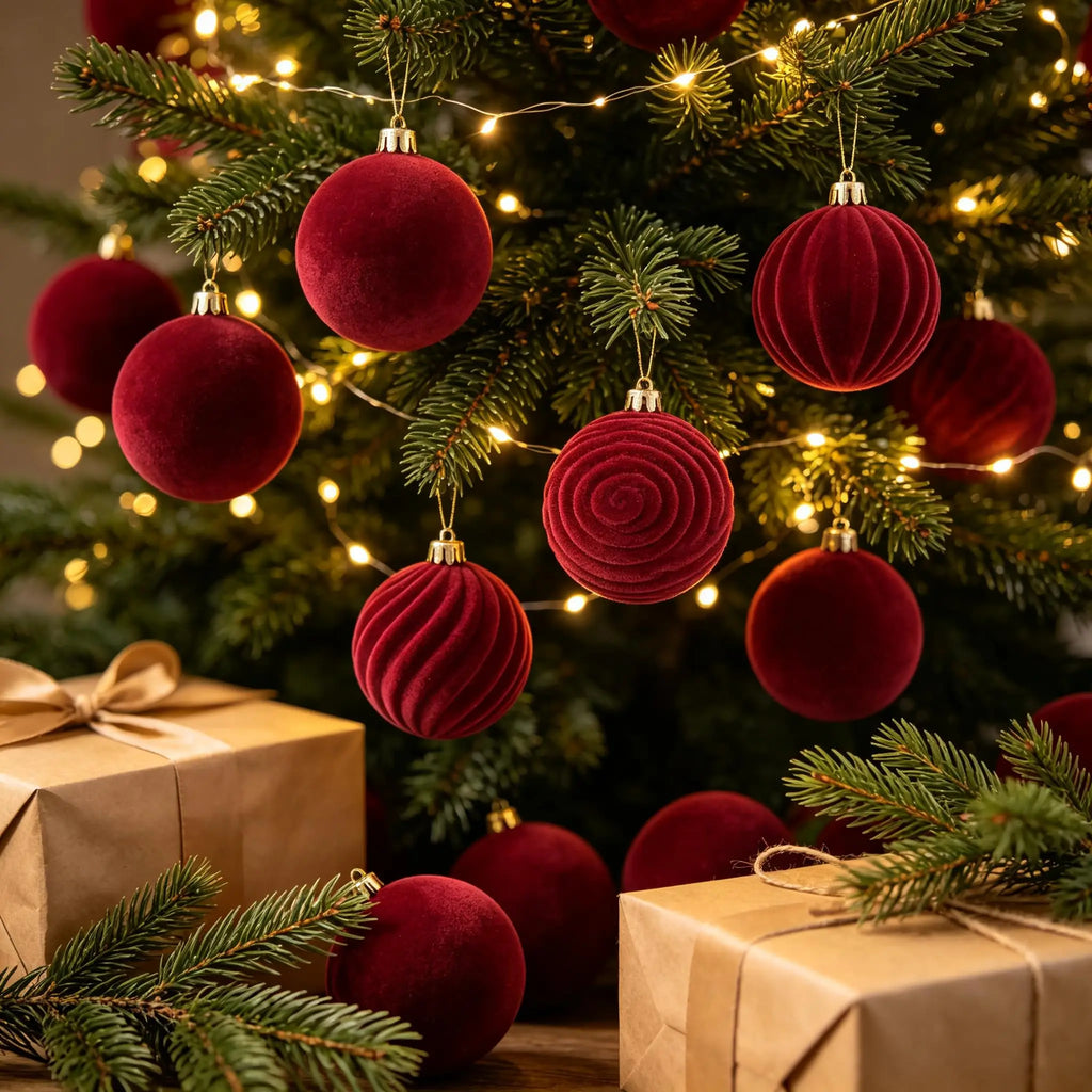 Flocked Velvet Christmas Balls Ornaments, Hanging Christmas Baubles for Christmas Tree Decorations, Farmhouse Holiday Decor