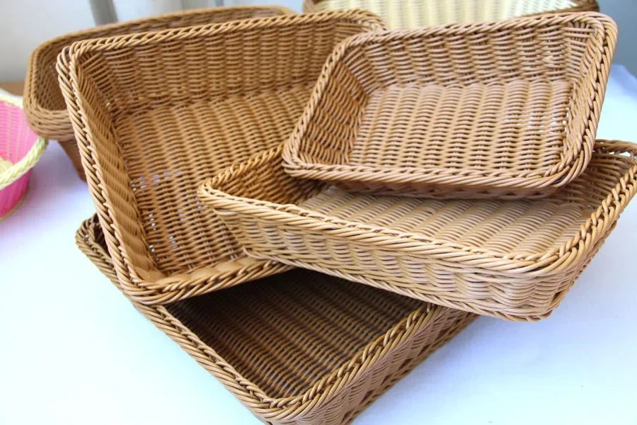 Hand-Woven Imitation Rattan Basket, Rectangular Storage Box, Fruit Snack Bread Cosmetic Organizer for Home Kitchen