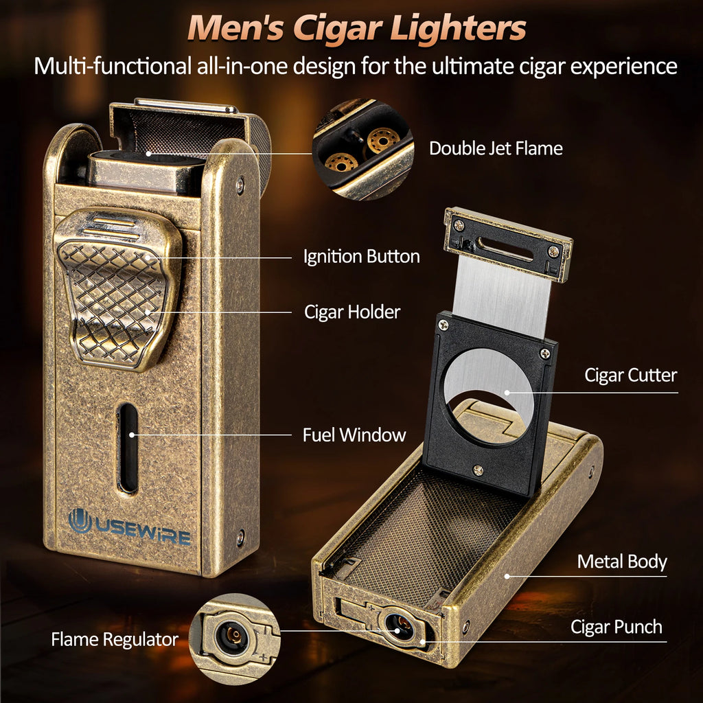 Leather Cigar Humidor with Cigar Lighter,Built-in Straight Cigar Cutter and Cigar Punch,Humidifier and Cedar Tray