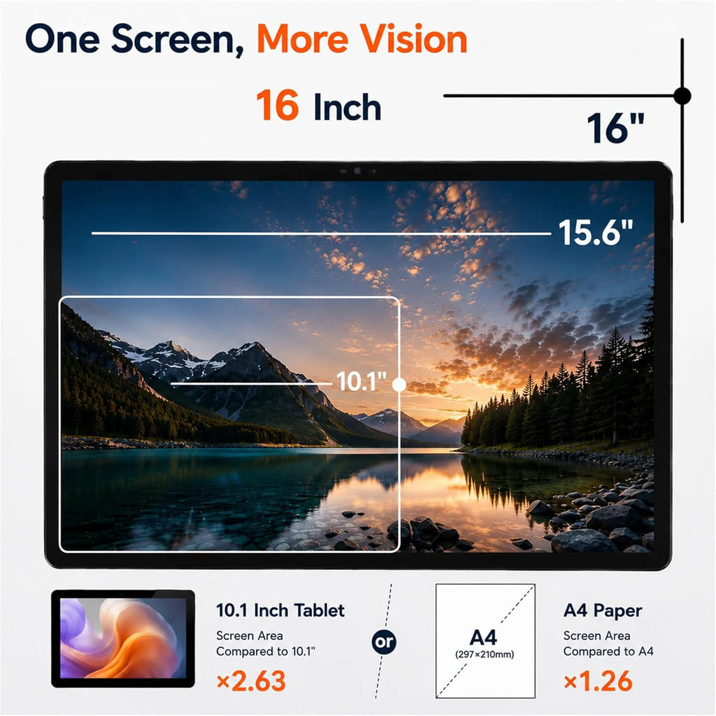 Giant 16 Inch Android 16 Tablet Widevine 16GB+256GB Helio showing size comparison with 10.1 inch tablet and A4 paper.