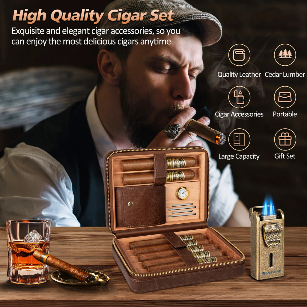 Leather Cigar Humidor with Cigar Lighter,Built-in Straight Cigar Cutter and Cigar Punch,Humidifier and Cedar Tray