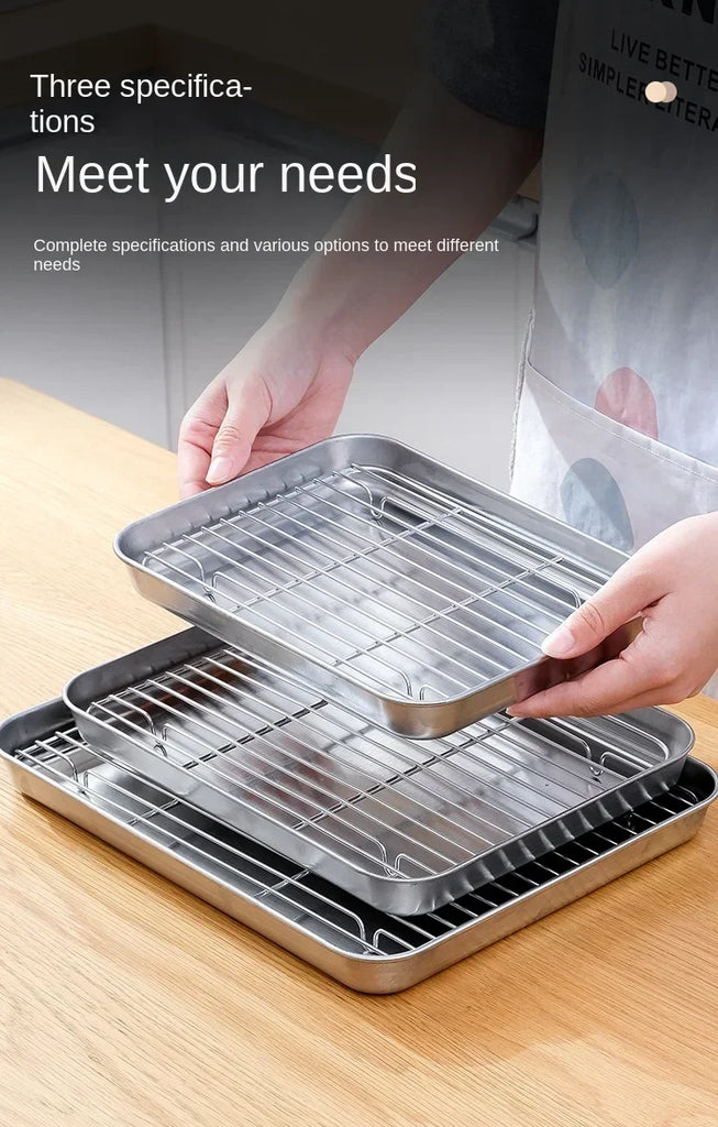 Flat Bottom 430 Stainless Steel Square Plate Oven Safe BBQ Grill Pan Drain Tray Oil Drip Rack Prep Plate for Roasting Grilling