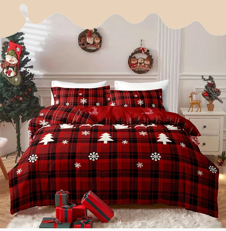 3-Piece Christmas-Themed Duvet Cover Set - Soft, Breathable, and Hypoallergenic Fabric - Checkered Elk Snowflake Print Design, P