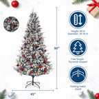 Snow Flocked Pre-Lit Artificial Christmas Tree with Warm White LEDs Hinged Sections & Red Berries 6-7.5ft Indoor Holiday Decor