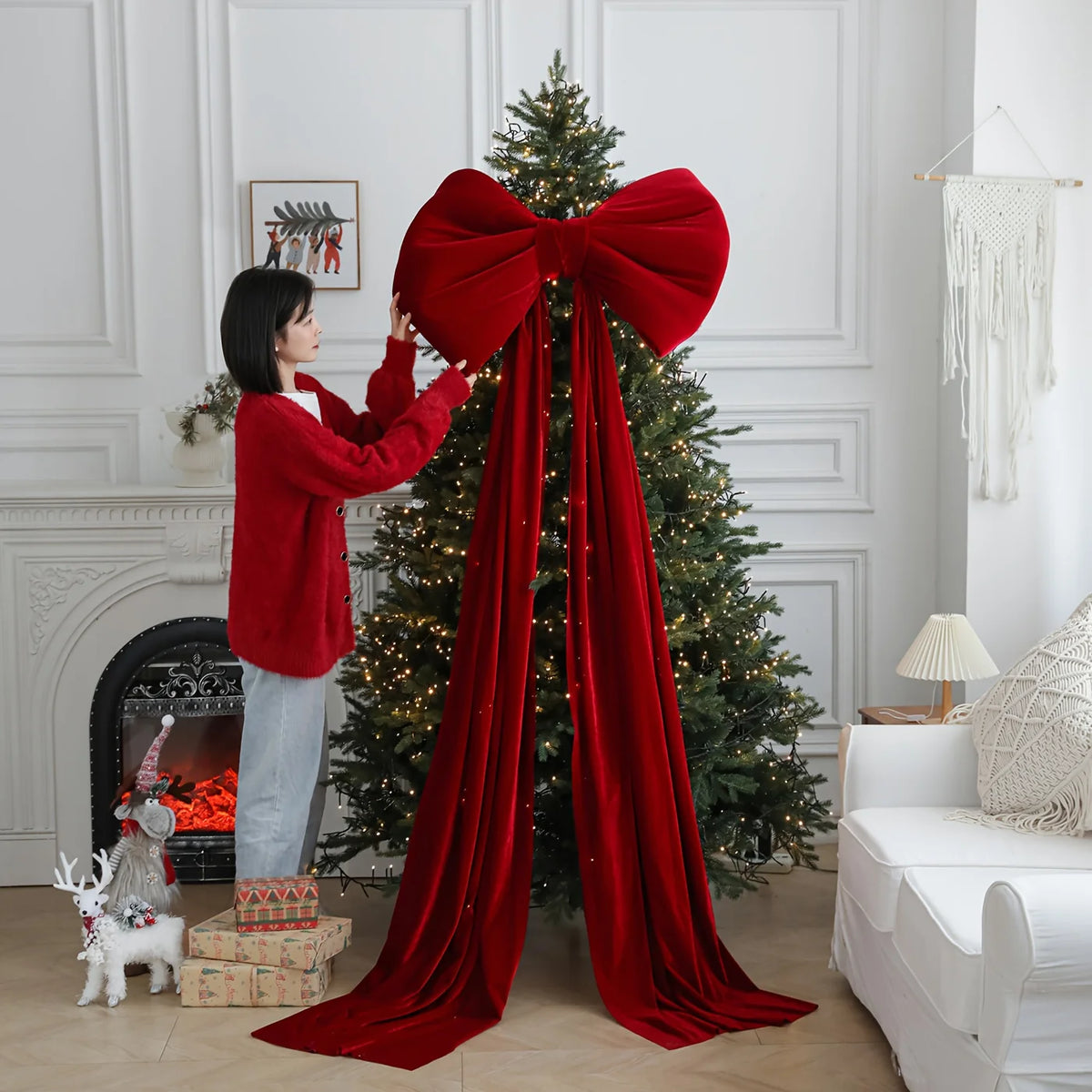 Fluffy velvet Christmas bows for background party room wall decorations Giant Christmas bows for Christmas tree decorations