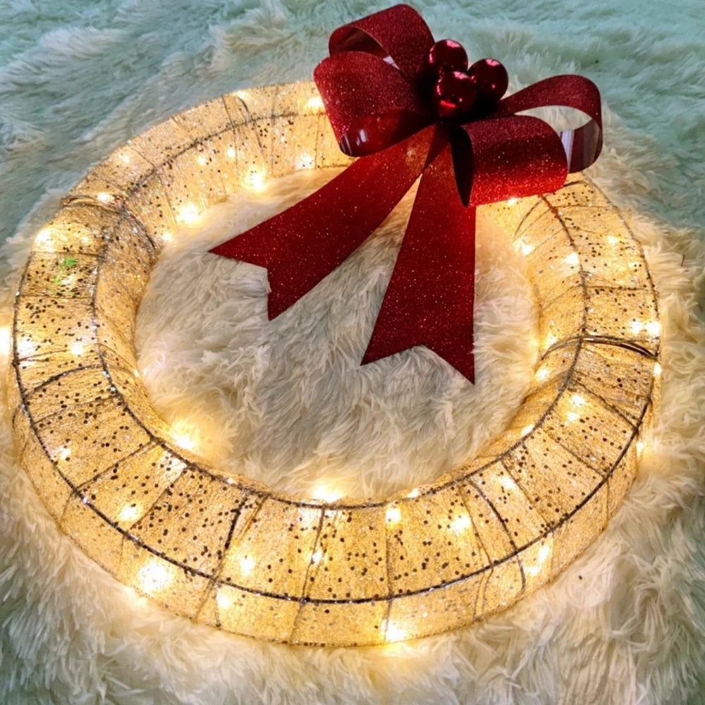 Metal Christmas Wreath Artificial Door Wreath Clear LED Lights Large Christmas Wreath with Warm Lights Christmas Wreath