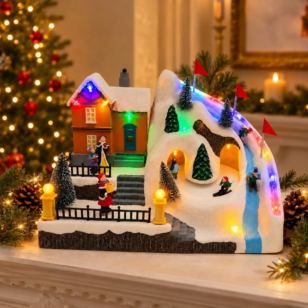 Animated Christmas Village House Moving Skiers Lighted Musical Ski Resort Scene Tabletop Holiday Decor Village Collectible Gifts