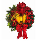 Christmas Wreath with LED Light for Front Door, Red Ball Flower Garland, Xmas Ornament Window Wall Hanging Decor Navidad Garland