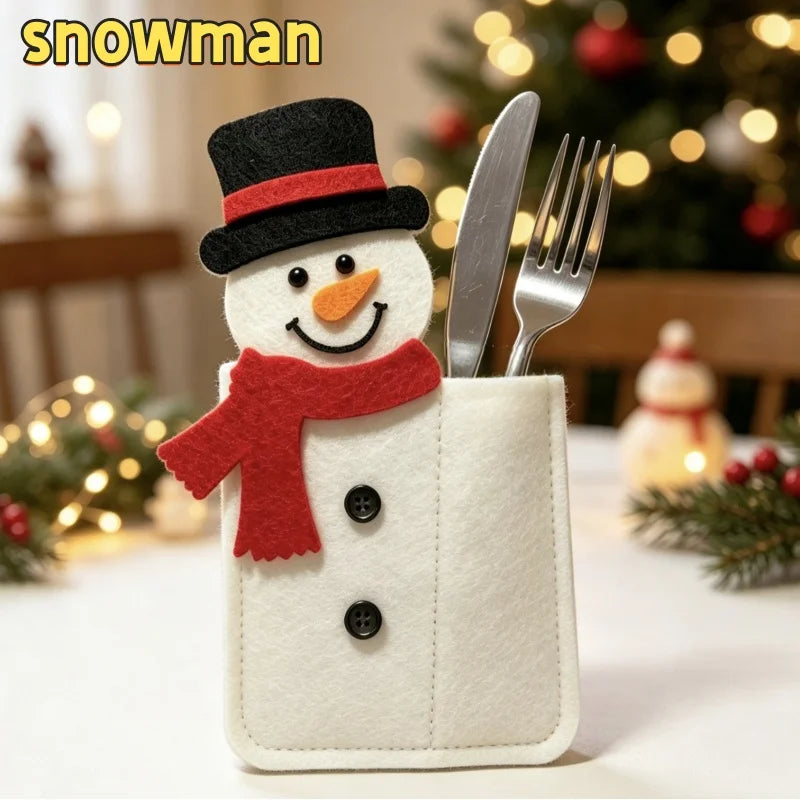 Christmas Silverware Holder Pockets Santa Snowman Reindeer Tableware Bags - Cutlery Pouch Bags for Spoon Knife Fork
