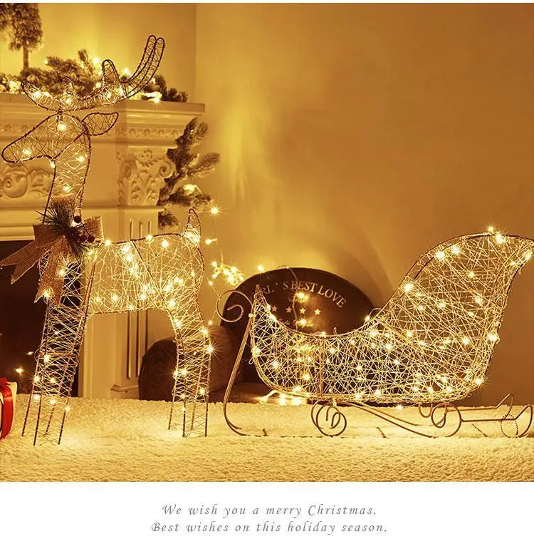 Christmas luminous wrought iron deer window decoration Christmas deer pull car with light gift box Christmas desktop bright