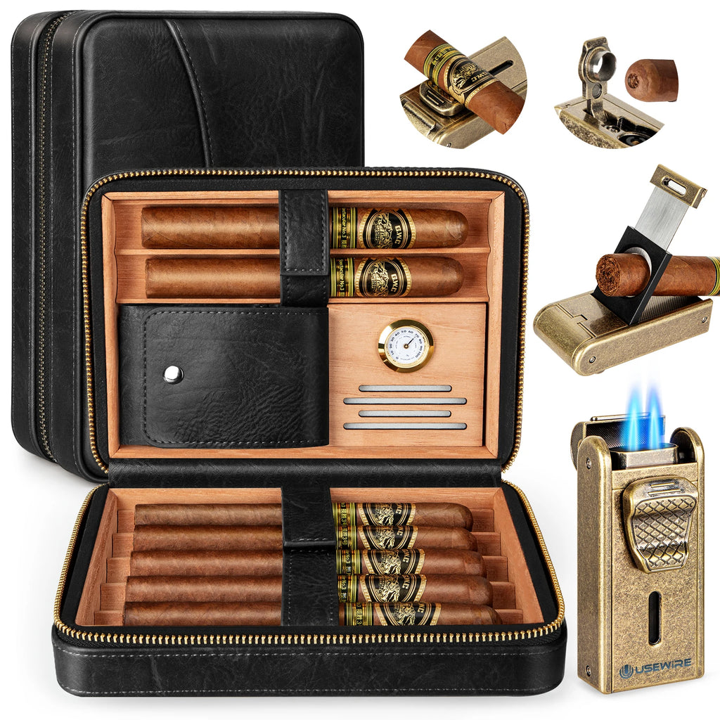Leather Cigar Humidor with Cigar Lighter,Built-in Straight Cigar Cutter and Cigar Punch,Humidifier and Cedar Tray