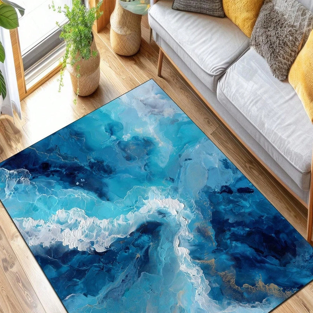 Abstract Ocean Blue Carpet, Modern Coastal Marble Carpet, Contemporary Living Room Rug.