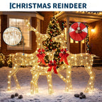 3 Piece Lighted Christmas Deer Family Outdoor, Gold Glitter Reindeer Yard Decor, 360 Warm White LED Lights, Buck Doe Fawn Set