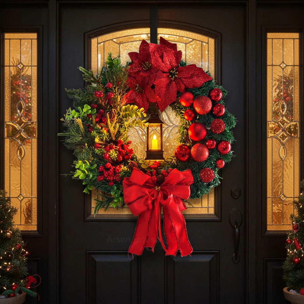 Christmas Wreath with LED Light for Front Door, Red Ball Flower Garland, Xmas Ornament Window Wall Hanging Decor Navidad Garland
