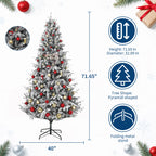 Snow Flocked Pre-Lit Artificial Christmas Tree with Warm White LEDs Hinged Sections & Red Berries 6-7.5ft Indoor Holiday Decor