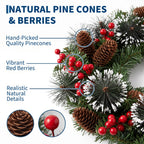 Pre-Lit Artificial Pine Christmas Wreath with LED Lights - Red & Gold Ornaments, Red Bow - Indoor/Outdoor Front Door & Mantel Holiday Decor