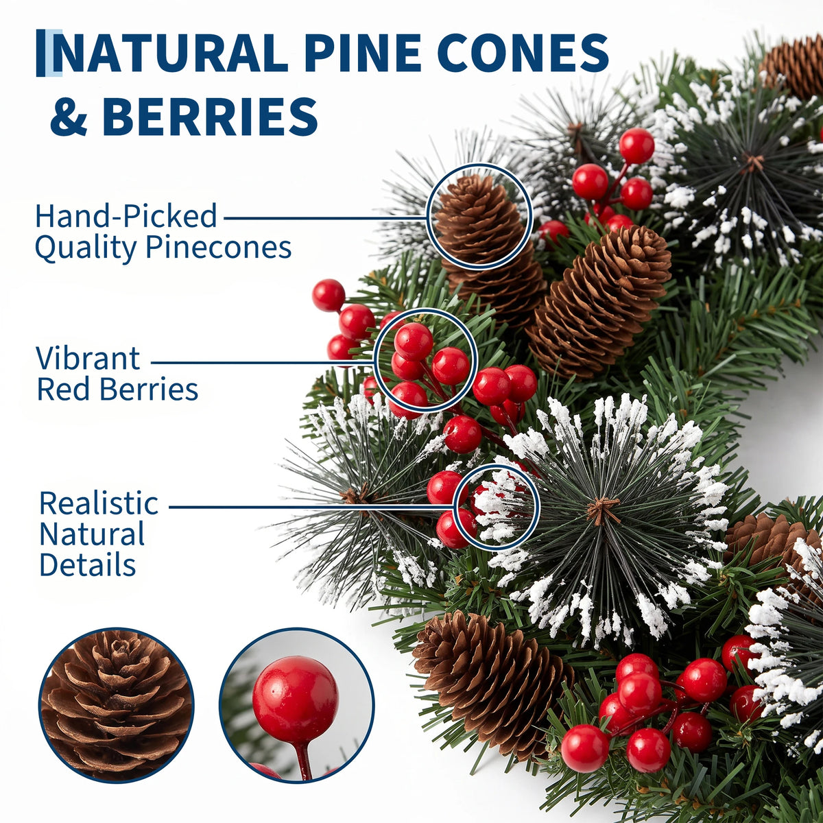 Pre-Lit Artificial Pine Christmas Wreath with LED Lights - Red & Gold Ornaments, Red Bow - Indoor/Outdoor Front Door & Mantel Holiday Decor