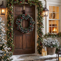 Pre-Lit Artificial Pine Christmas Wreath with LED Lights - Red & Gold Ornaments, Red Bow - Indoor/Outdoor Front Door & Mantel Holiday Decor