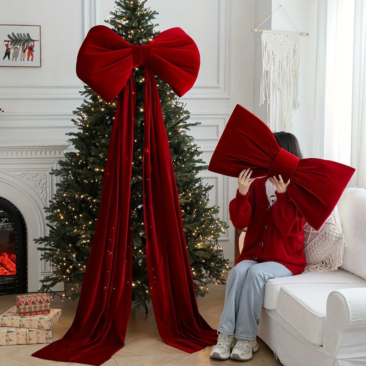 Fluffy velvet Christmas bows for background party room wall decorations Giant Christmas bows for Christmas tree decorations