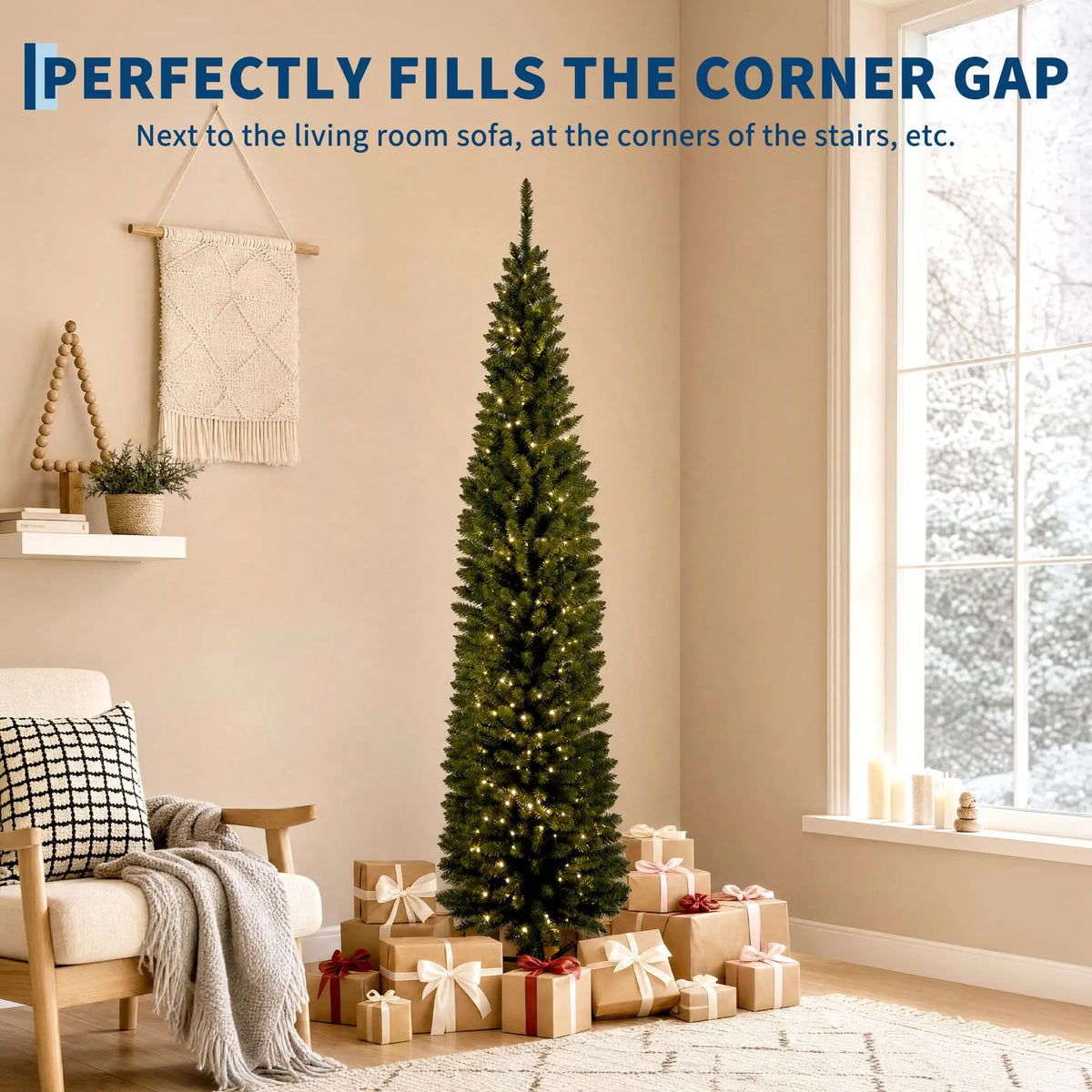 Slim Pencil Prelit Christmas Tree With Warm White Lights PVC Artificial Tree For Small Spaces Home Holiday Indoor Decoration