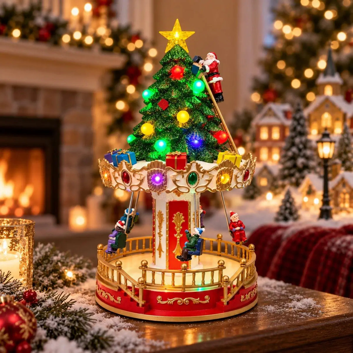 Lighted Musical Christmas Carousel Tree Figurine Rotating Santa Climbing Ladder LED Xmas Village Scene Tabletop Holiday Decorati