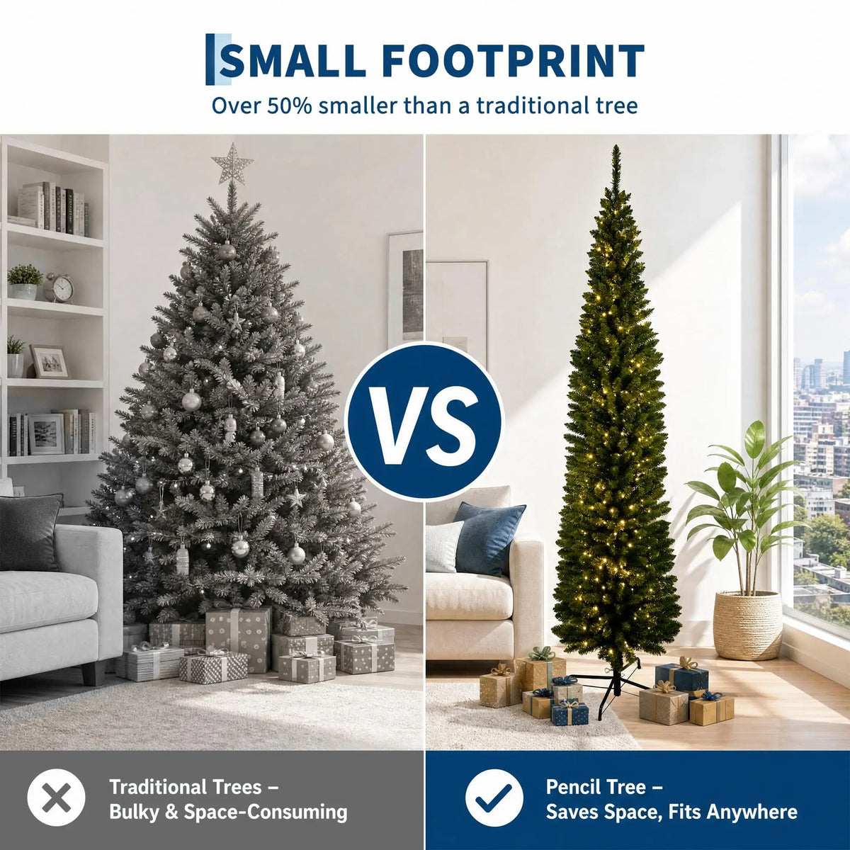 Slim Pencil Prelit Christmas Tree With Warm White Lights PVC Artificial Tree For Small Spaces Home Holiday Indoor Decoration