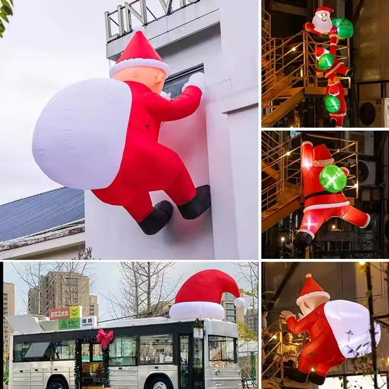 6FT Christmas Inflatables Roof Outdoor Decorations Climbing Santas Funny Hanging Santa Inflatable with Gift Bag for Window Eaves