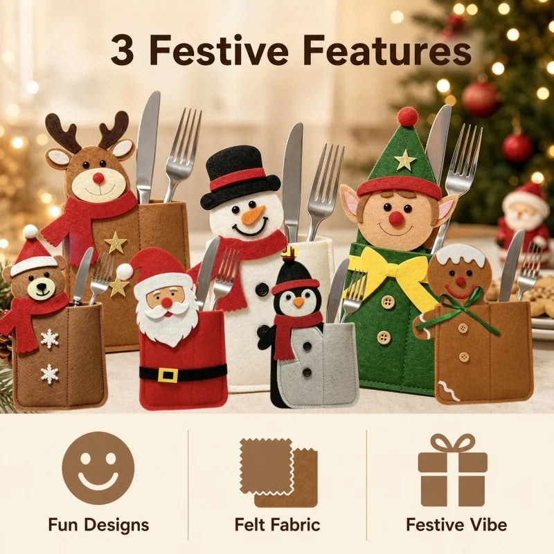Christmas Silverware Holder Pockets Santa Snowman Reindeer Tableware Bags - Cutlery Pouch Bags for Spoon Knife Fork