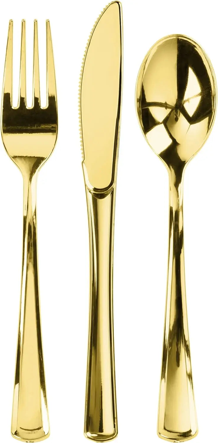 300-Piece Gold Plastic Silverware Set - Heavy Duty Disposable Cutlery, Includes 100 Forks, 100 Spoons & 100 Knives, Ideal for Parties, Baby Showers, Weddings, and Birthdays