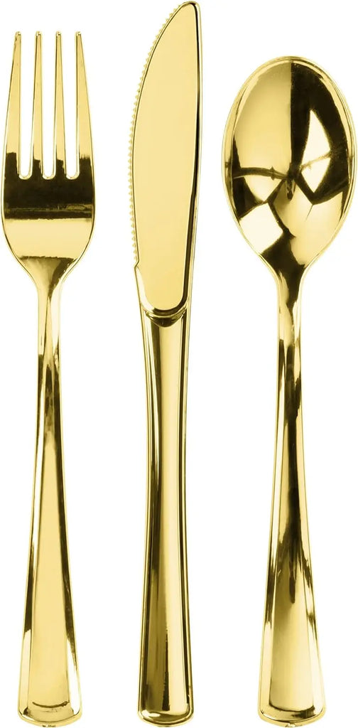 300-Piece Gold Plastic Silverware Set - Heavy Duty Disposable Cutlery, Includes 100 Forks, 100 Spoons & 100 Knives, Ideal for Parties, Baby Showers, Weddings, and Birthdays