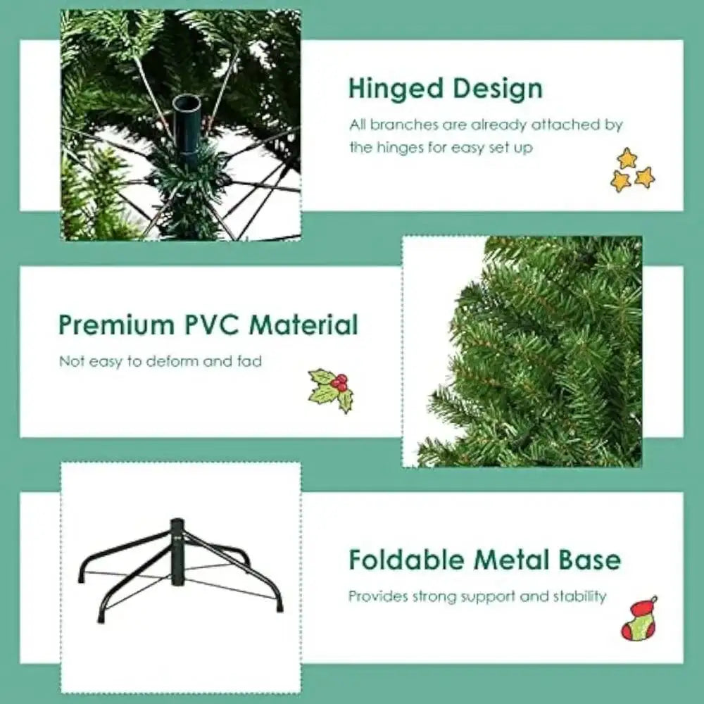 Christmas 8Ft Prelit Tree,With 1200 PVC Branch, With LED Lights, Iron Foldable Base, Artificial Christmas Trees Branch, Lights B