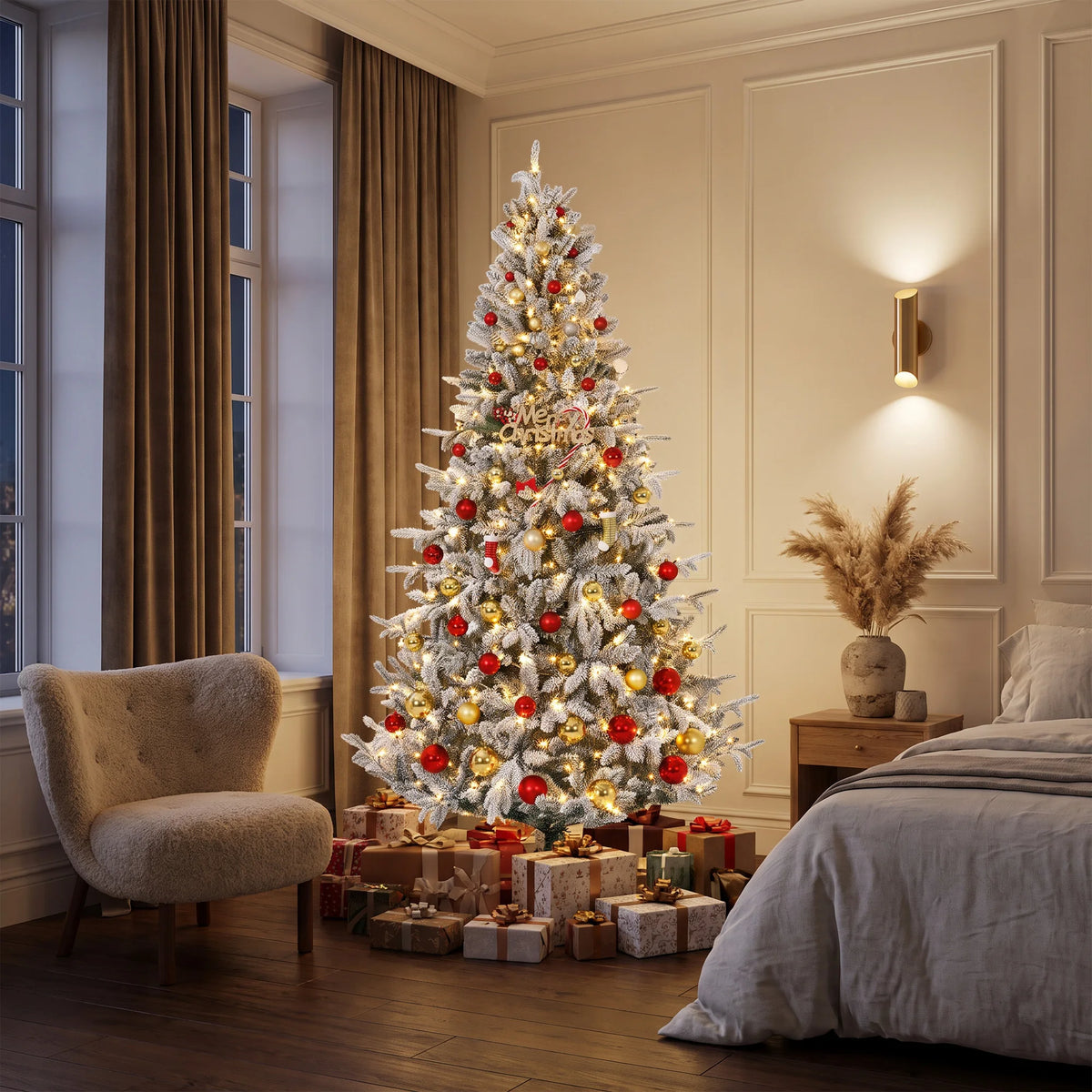 Snow Flocked Pre-Lit Artificial Christmas Tree with Warm White LEDs Hinged Sections & Red Berries 6-7.5ft Indoor Holiday Decor