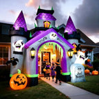 Halloween outdoor inflatables: 12 FT haunted house castle archway, PVC material, black and purple, weather-resistant with built