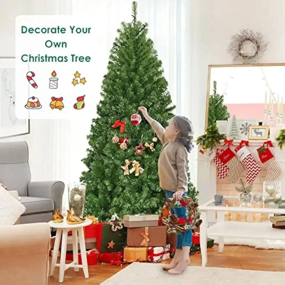 Christmas 8Ft Prelit Tree,With 1200 PVC Branch, With LED Lights, Iron Foldable Base, Artificial Christmas Trees Branch, Lights B