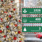 Snow Flocked Pre-Lit Artificial Christmas Tree with Warm White LEDs Hinged Sections & Red Berries 6-7.5ft Indoor Holiday Decor