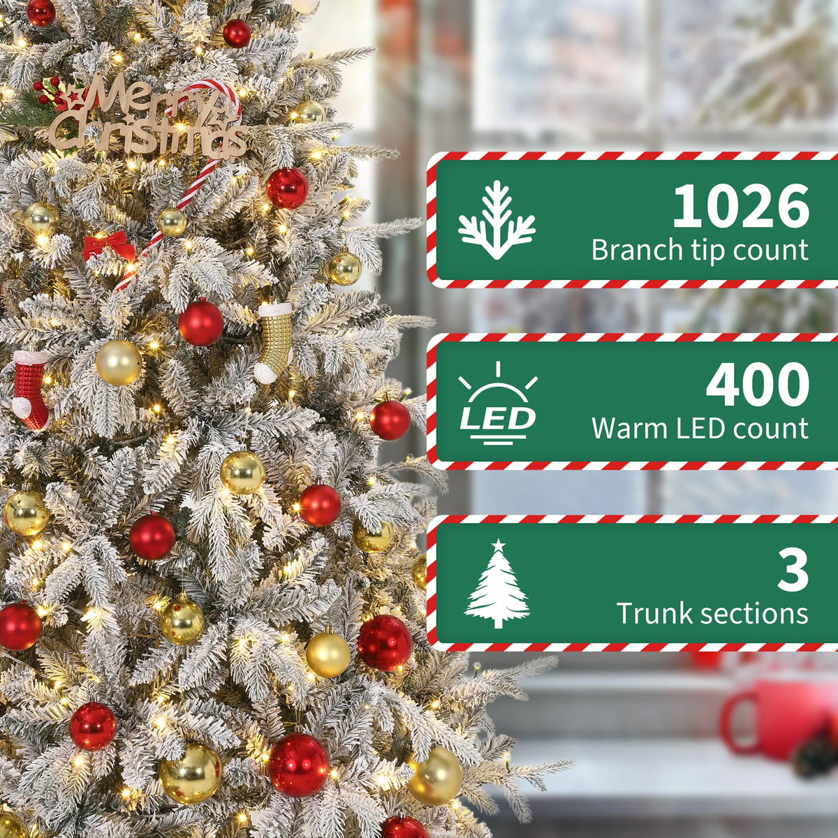 Snow Flocked Pre-Lit Artificial Christmas Tree with Warm White LEDs Hinged Sections & Red Berries 6-7.5ft Indoor Holiday Decor