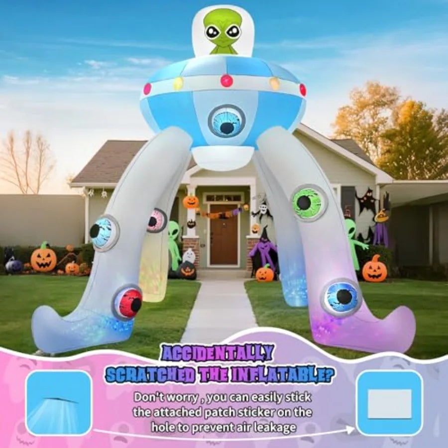 12FT Halloween Inflatables Archway UFO Alien Giant Alien Arch Inflatable with Colorful Flashing Lights Scary Halloween
