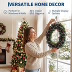 Pre-Lit Artificial Pine Christmas Wreath with LED Lights - Red & Gold Ornaments, Red Bow - Indoor/Outdoor Front Door & Mantel Holiday Decor