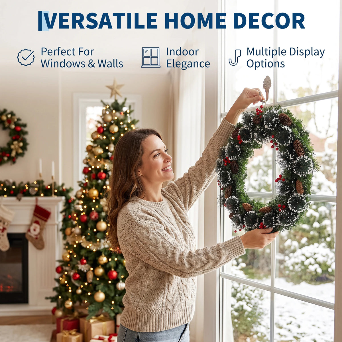 Pre-Lit Artificial Pine Christmas Wreath with LED Lights - Red & Gold Ornaments, Red Bow - Indoor/Outdoor Front Door & Mantel Holiday Decor