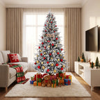 Snow Flocked Pre-Lit Artificial Christmas Tree with Warm White LEDs Hinged Sections & Red Berries 6-7.5ft Indoor Holiday Decor