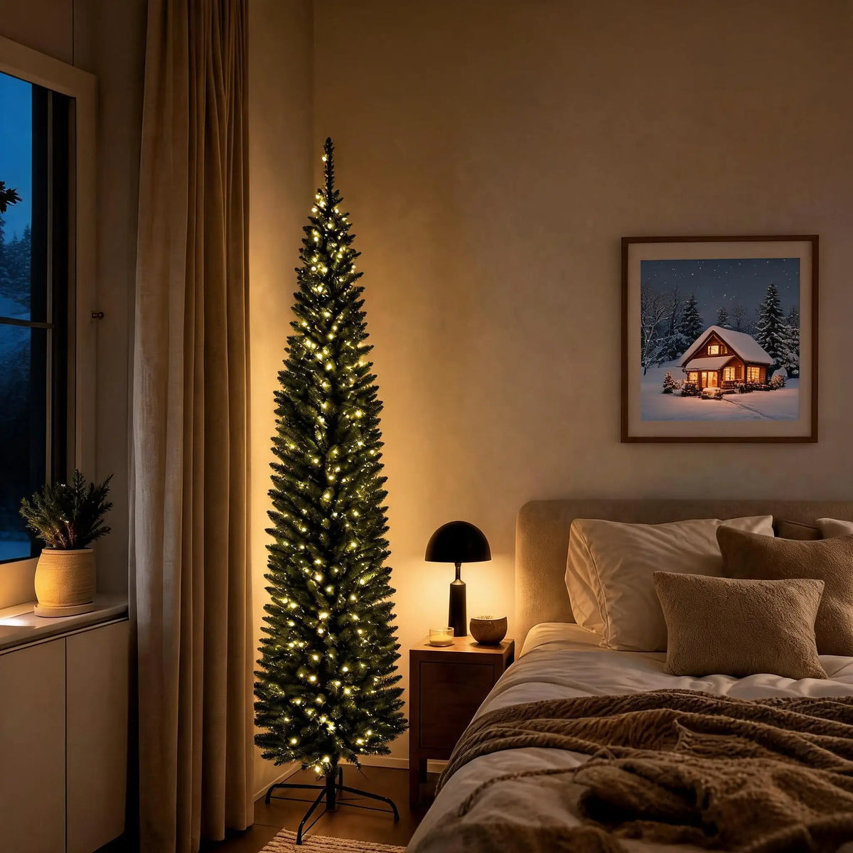 Slim Pencil Prelit Christmas Tree With Warm White Lights PVC Artificial Tree For Small Spaces Home Holiday Indoor Decoration