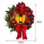 Christmas Wreath with LED Light for Front Door, Red Ball Flower Garland, Xmas Ornament Window Wall Hanging Decor Navidad Garland