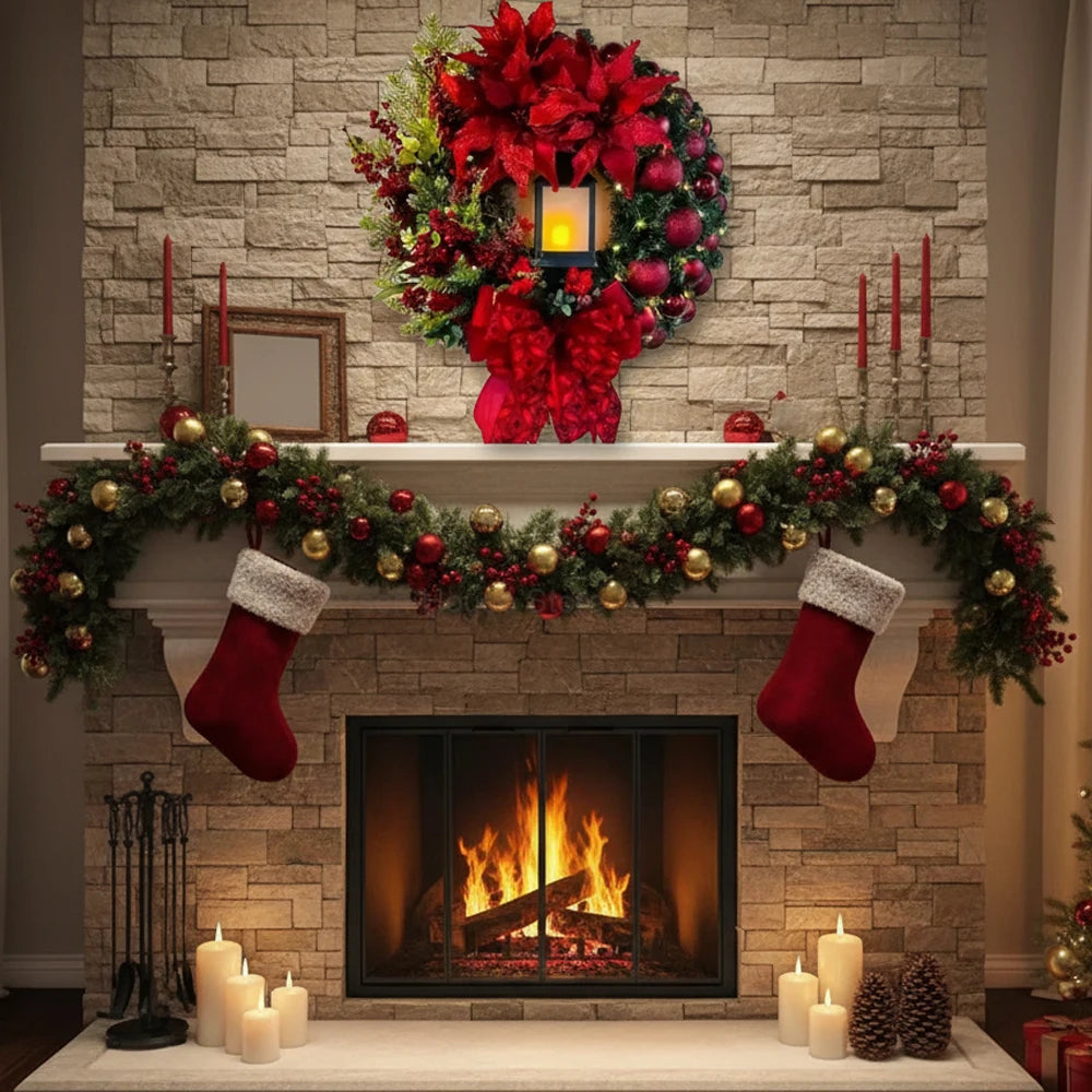 Christmas Wreath with LED Light for Front Door, Red Ball Flower Garland, Xmas Ornament Window Wall Hanging Decor Navidad Garland