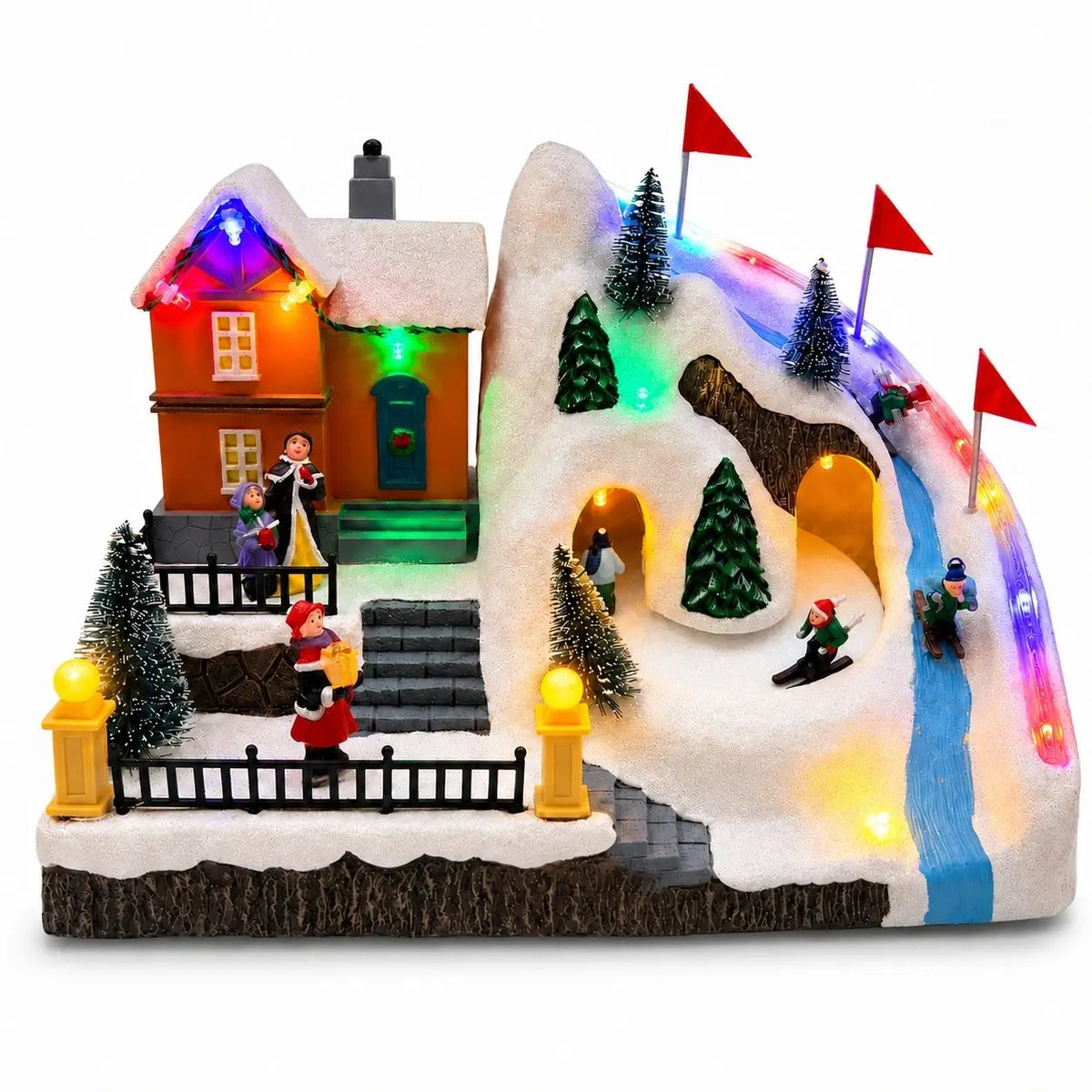 Animated Christmas Village House Moving Skiers Lighted Musical Ski Resort Scene Tabletop Holiday Decor Village Collectible Gifts