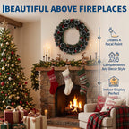 Pre-Lit Artificial Pine Christmas Wreath with LED Lights - Red & Gold Ornaments, Red Bow - Indoor/Outdoor Front Door & Mantel Holiday Decor