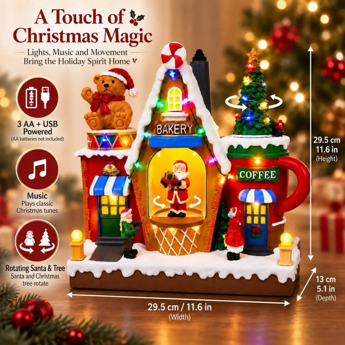 Christmas Village House Animated Rotating Santa Christmas Tree LED Light Music Bakery Coffee Shop Figurine Table Holiday Decor
