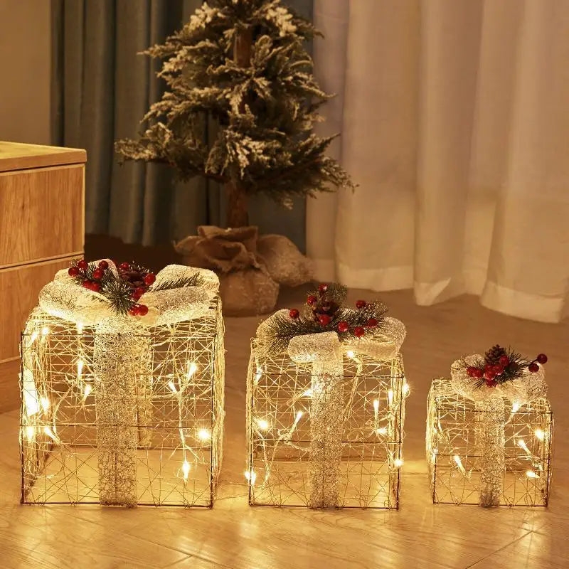 Christmas luminous wrought iron deer window decoration Christmas deer pull car with light gift box Christmas desktop bright