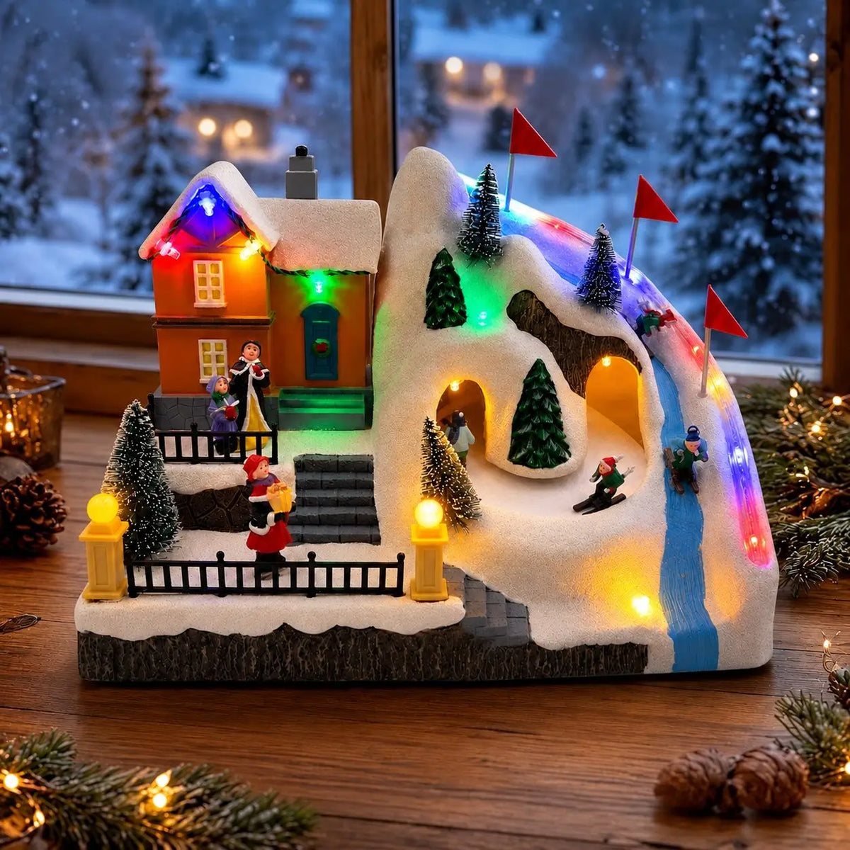 Animated Christmas Village House Moving Skiers Lighted Musical Ski Resort Scene Tabletop Holiday Decor Village Collectible Gifts
