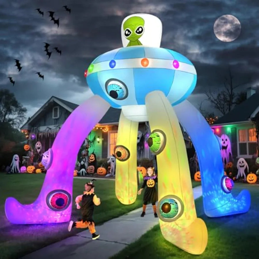 12FT Halloween Inflatables Archway UFO Alien Giant Alien Arch Inflatable with Colorful Flashing Lights Scary Halloween