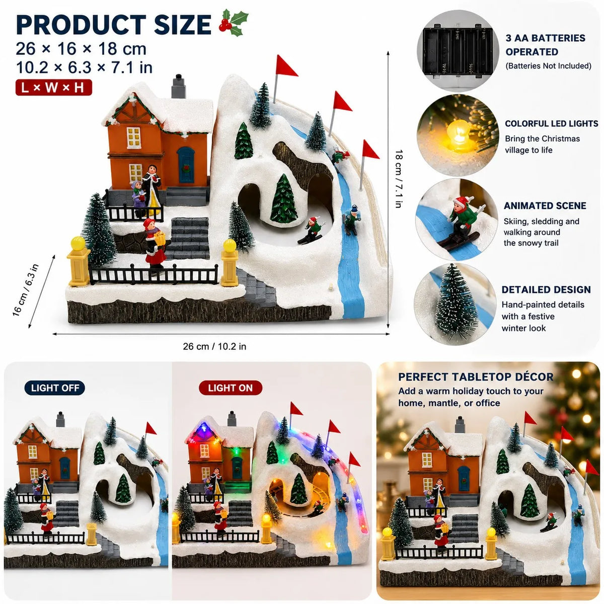 Animated Christmas Village House Moving Skiers Lighted Musical Ski Resort Scene Tabletop Holiday Decor Village Collectible Gifts